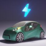 A sleek electric car parked under a blue sky, with charging cables plugged in at a modern EV charging station, symbolizing the future of sustainable transportation.