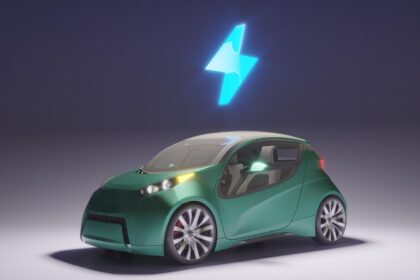 A sleek electric car parked under a blue sky, with charging cables plugged in at a modern EV charging station, symbolizing the future of sustainable transportation.