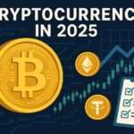 High-quality illustration featuring a large Bitcoin coin, Ethereum and Tether tokens, a bullish candlestick chart, and a checklist representing cryptocurrency trends in 2025