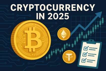 High-quality illustration featuring a large Bitcoin coin, Ethereum and Tether tokens, a bullish candlestick chart, and a checklist representing cryptocurrency trends in 2025