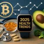 2025 health trends visual showing smartwatch with text, stethoscope, supplements, avocado, and broccoli symbolizing digital wellness, nutrition, and preventive care.