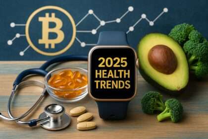 2025 health trends visual showing smartwatch with text, stethoscope, supplements, avocado, and broccoli symbolizing digital wellness, nutrition, and preventive care.