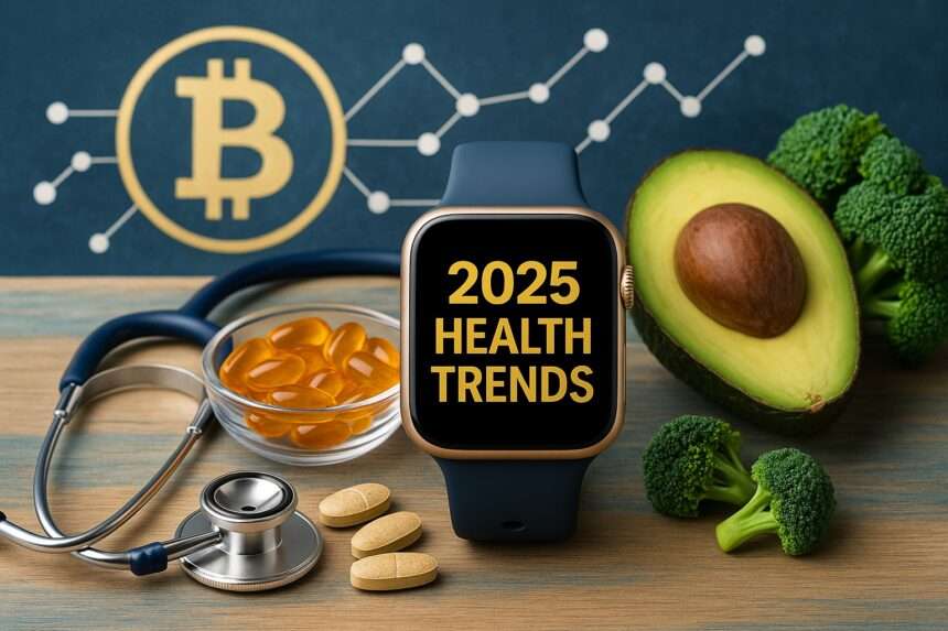 2025 health trends visual showing smartwatch with text, stethoscope, supplements, avocado, and broccoli symbolizing digital wellness, nutrition, and preventive care.